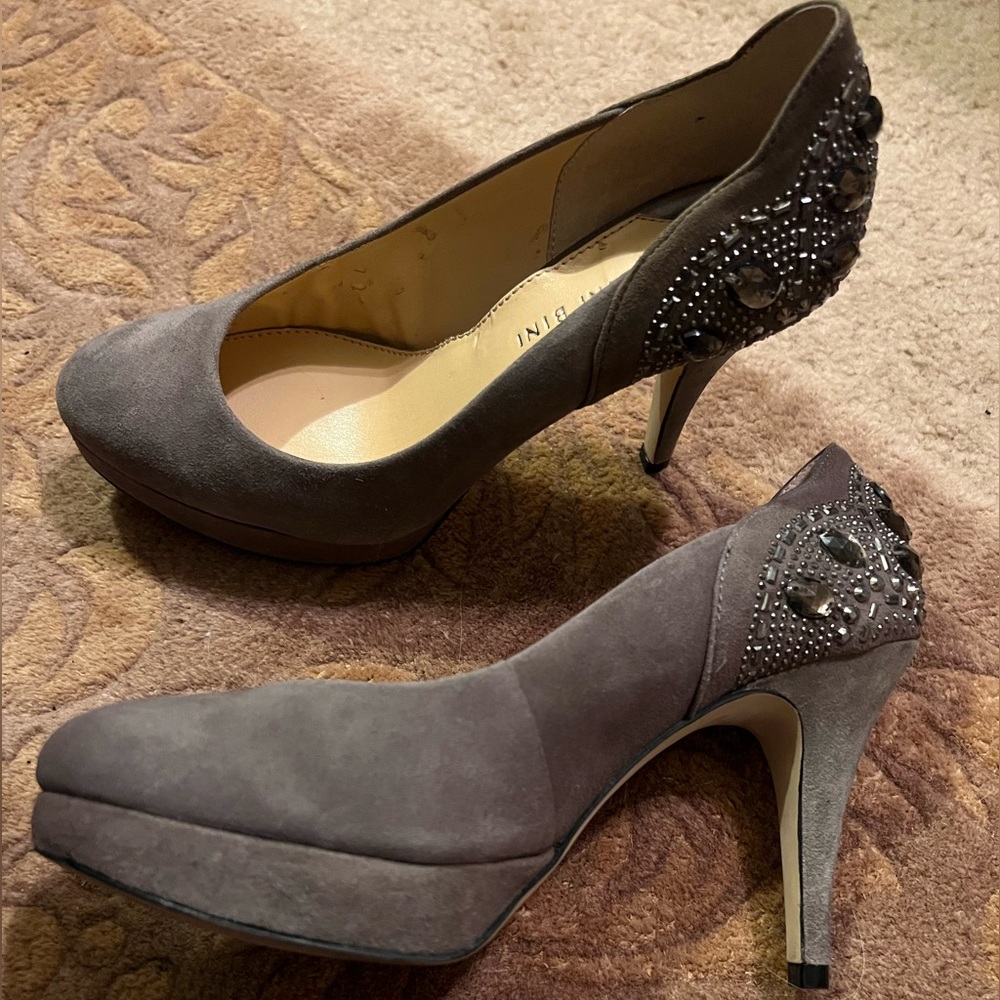 Beaded Gray Suede Heels